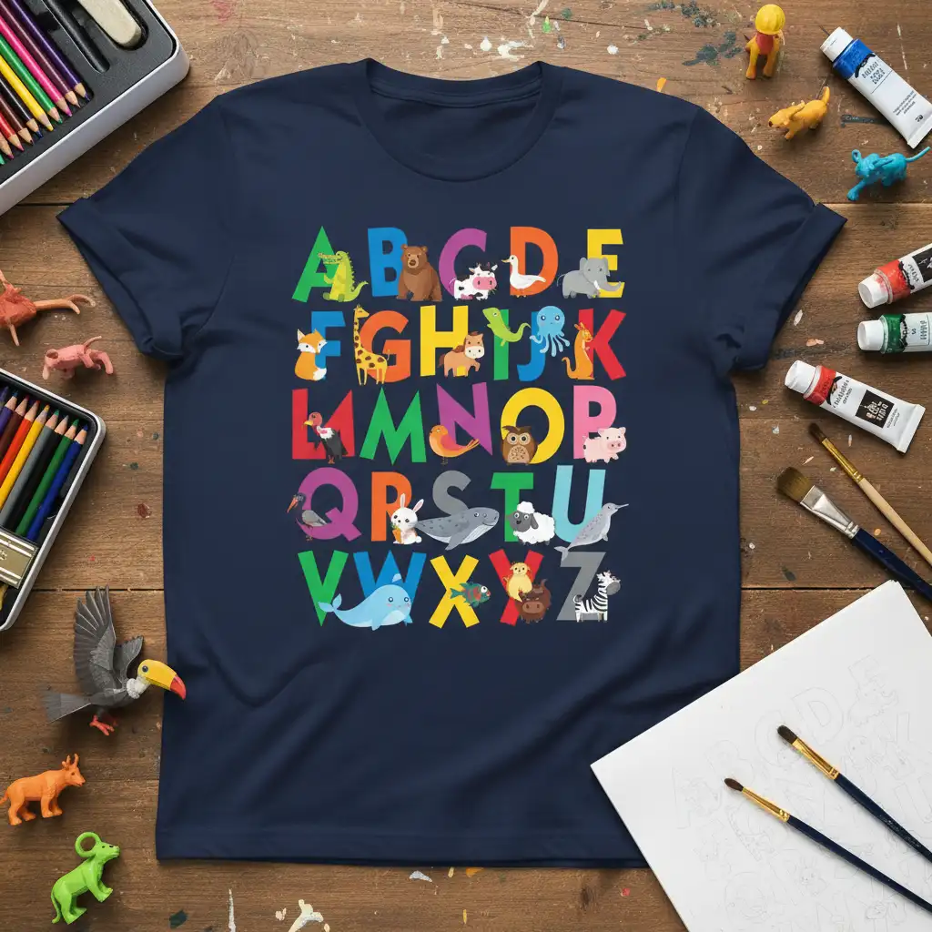 Alphabet Animals ABCDEFG T-Shirt design featuring colorful letters and cute animal illustrations for early learning