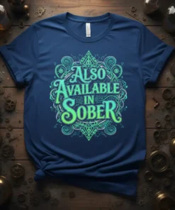 Also Available In Sober text design with ornate green and blue typography on a navy blue t-shirt
