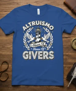 Altrusimo House Of Givers t-shirt with lighthouse, doves, and laurel wreath design