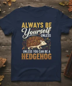 Always Be Yourself Unless You Can Be A Hedgehog quote with a cute hedgehog graphic on a navy t-shirt