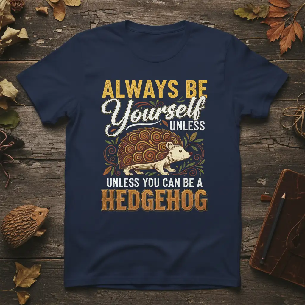 Always Be Yourself Unless You Can Be A Hedgehog quote with detailed hedgehog illustration on a dark heather t-shirt