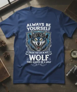 Always Be Yourself Unless You Can Be Wolf quote t-shirt featuring a fierce wolf graphic with goggles