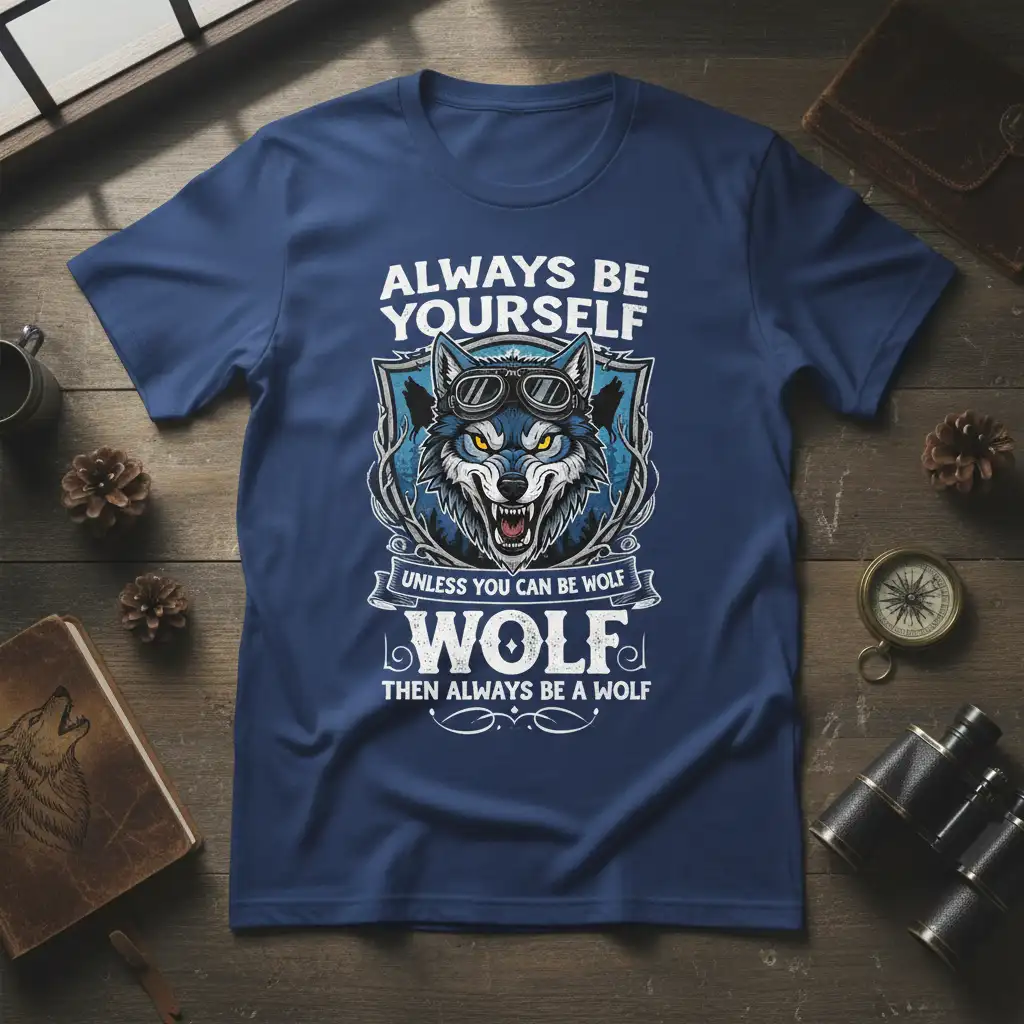 Always Be Yourself Unless You Can Be Wolf quote with a fierce wolf graphic wearing goggles on a dark heather t-shirt