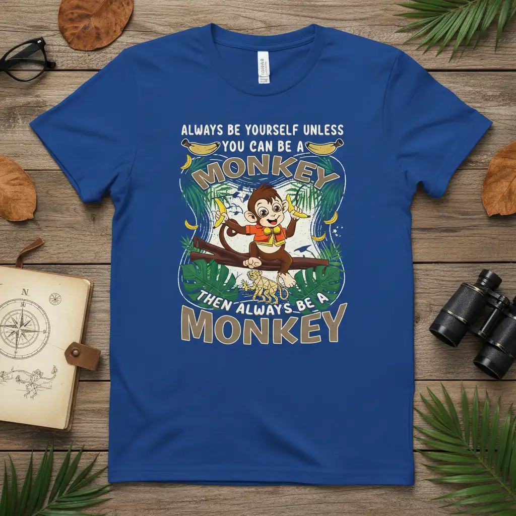 Always Be Yourself Unless You Can Be A Monkey Then Always Be A Monkey quote with cartoon monkey graphic on blue tee
