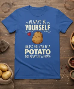 Always Be Yourself Unless You Can Be A Potato quote on a blue t-shirt with a cute potato graphic and
