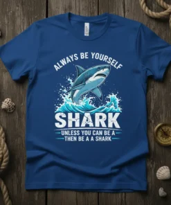 Always Be Yourself Unless You Can Be A Shark Then Be A Shark quote with a jumping shark graphic on