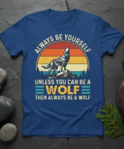 Retro sunset graphic t-shirt with the quote "Always Be Yourself Unless You Can Be A Wolf Then Always Be A