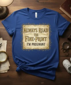 Always Read The Fine Print I'm Pregnant text on a blue t-shirt, announcing pregnancy