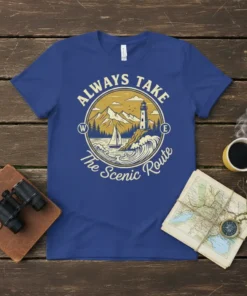 Always Take The Scenic Route t-shirt with vintage lighthouse, sailboat, mountains, and waves graphic