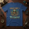 Always Trust A Flumph text with steampunk octopus in vintage diving helmet, aqua and gold colors, on blue t-shirt