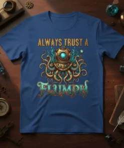 Always Trust A Flumph text with steampunk octopus in vintage diving helmet, aqua and gold colors, on blue t-shirt