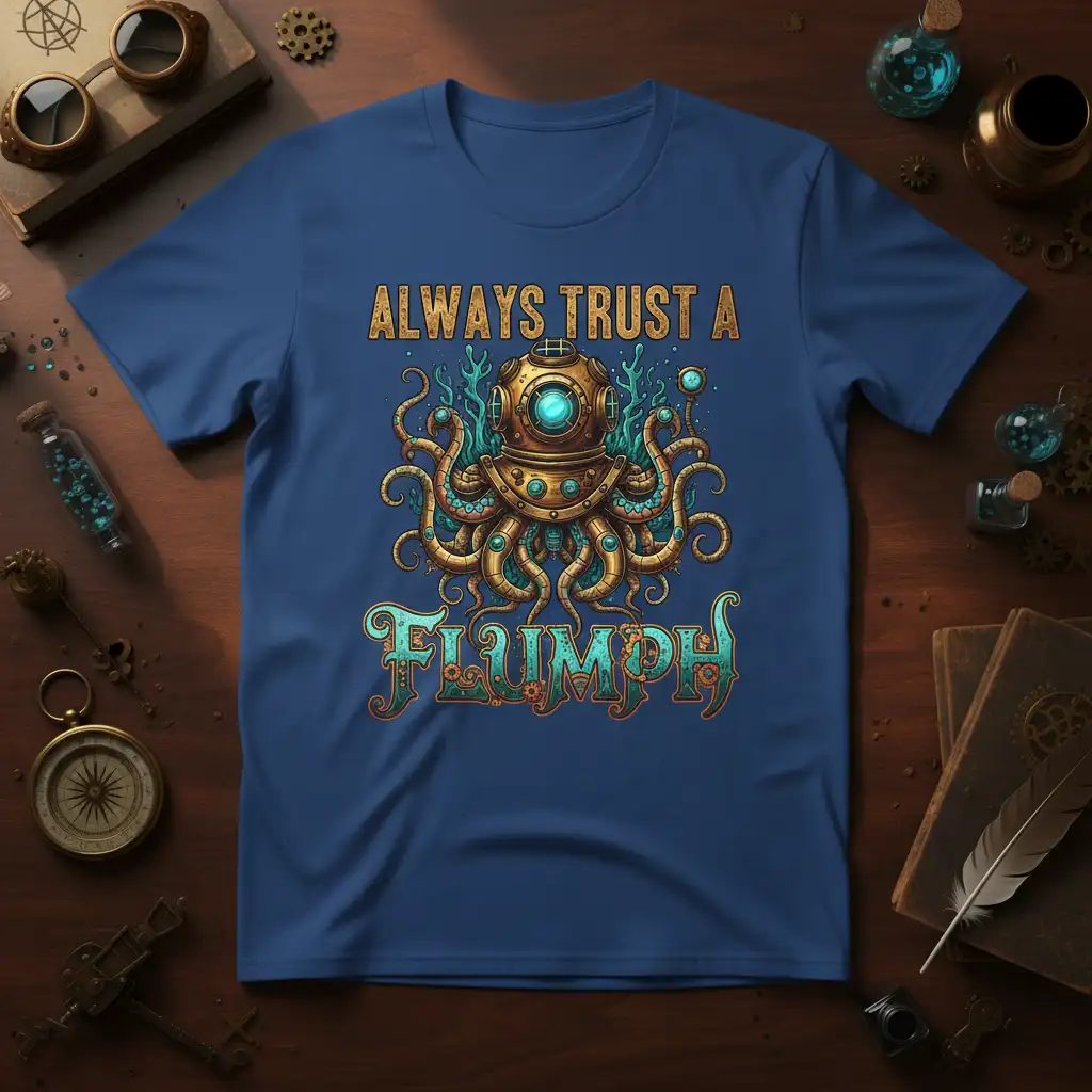 Always Trust A Flumph quote with steampunk octopus wearing a vintage diving helmet on a blue t-shirt