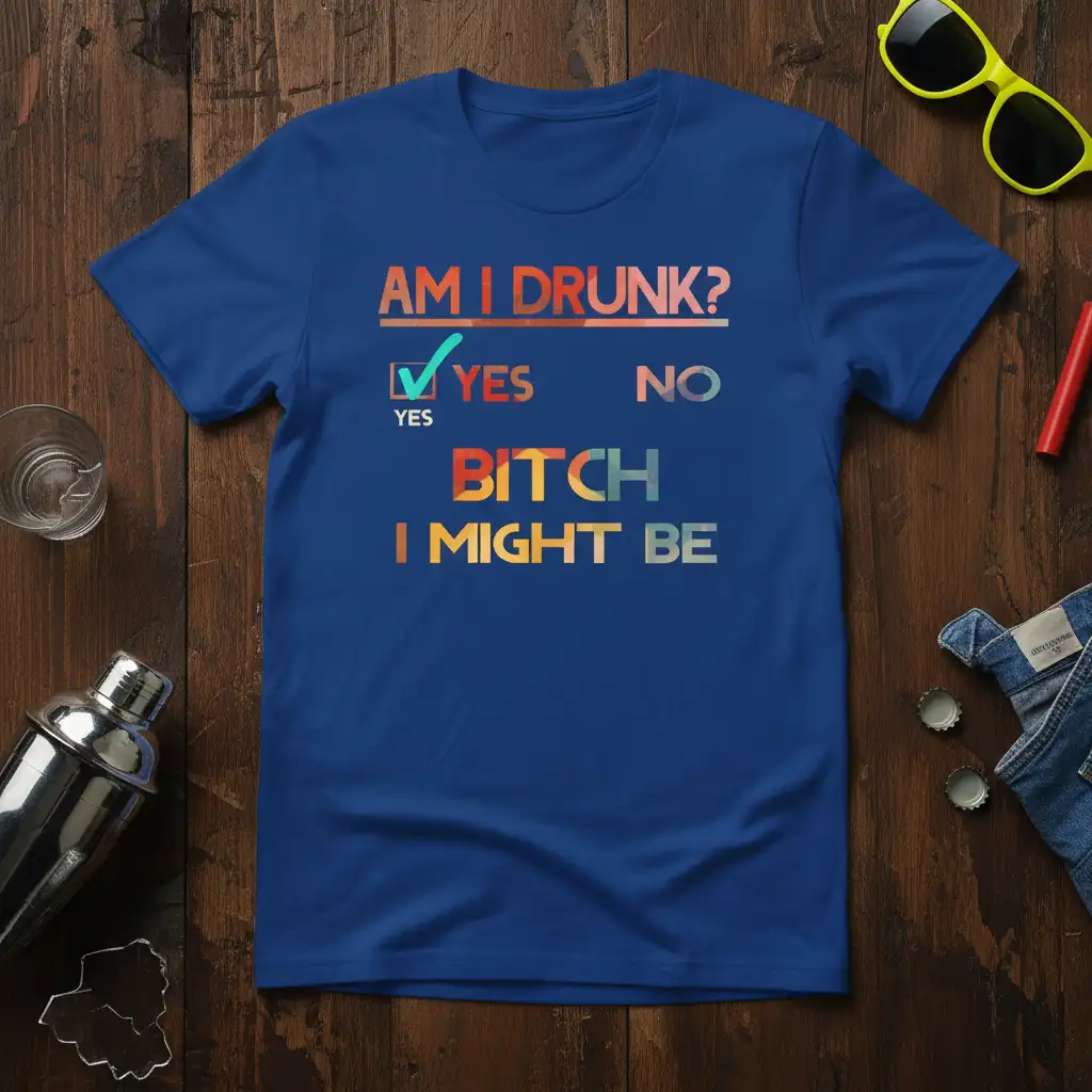 Am I Drunk? Yes No Bitch I Might Be quote tee with playful and bold typography, designed for humor lovers