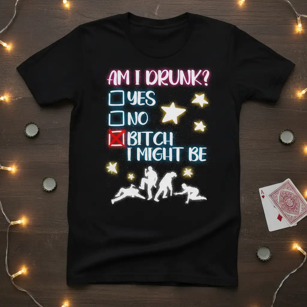 AM I DRUNK YES quote printed with unique artwork on breathable fabric t-shirt design