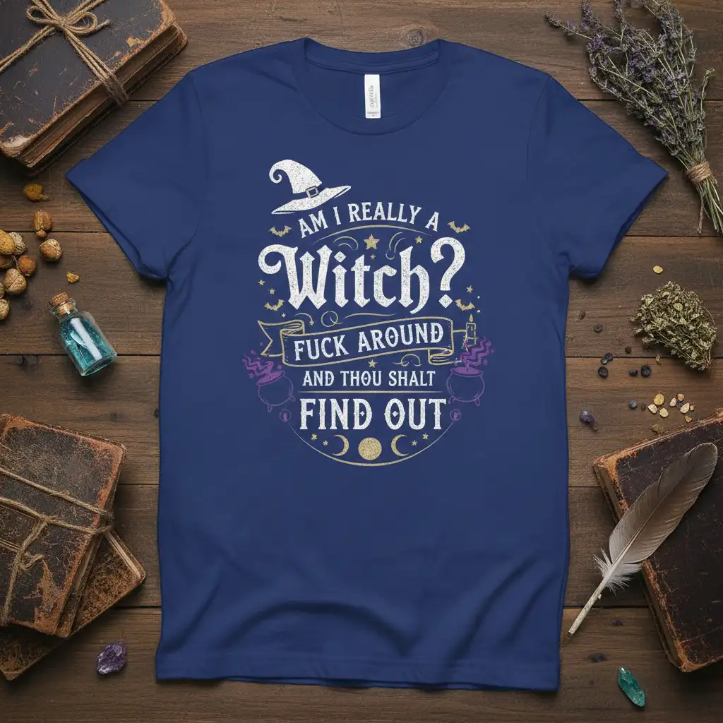 Am I Really A Witch? Fuck Around And Thou Shalt Find Out humorous witch quote tee with hat and cauldron