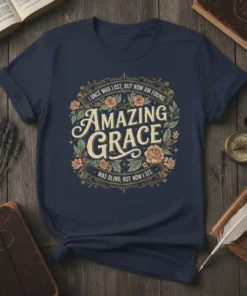 Amazing Grace Christian t-shirt with quote "I once was lost, but now am found. Was blind, but now I see."