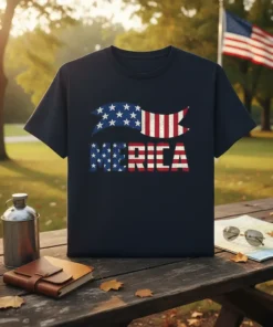 Navy t-shirt with distressed AMERICA text and a waving American flag graphic, featuring stars and stripes in patriotic colors