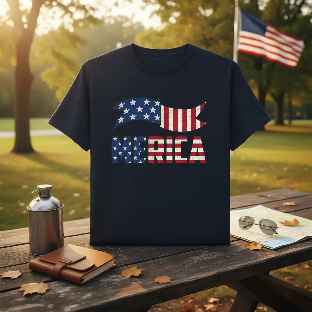 Distressed AMERICA text with American flag ribbon graphic on a navy blue t-shirt, symbolizing USA pride