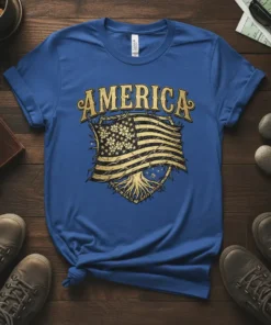 America Flag Tree Roots design with distressed American flag and golden text "AMERICA" on a royal blue t-shirt