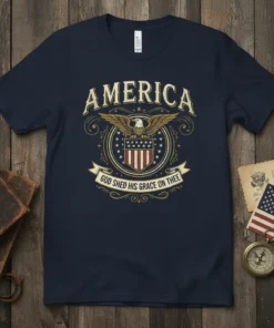 America God Shed His Grace On Thee T-Shirt design featuring an eagle crest and patriotic imagery