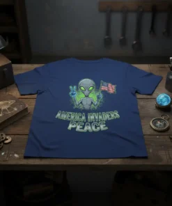 Alien holding US flag and peace sign with text AMERICA INVADERS PEACE on a navy blue t-shirt