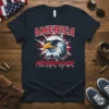 America Motherfucker! text with a sunglasses-wearing eagle graphic on a navy t-shirt
