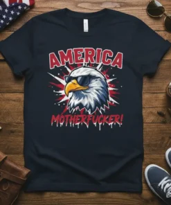 America Motherfucker! text with a sunglasses-wearing eagle graphic on a navy t-shirt