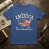 America The Beautiful T-Shirt with USA map, US flag, and sailboats, featuring "Est. 1776 America the beautiful" text