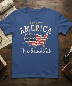 America The Beautiful T-Shirt with USA map, US flag, and sailboats, featuring "Est. 1776 America the beautiful" text