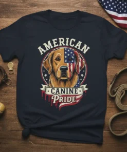 American Canine Pride t-shirt design with a Golden Retriever's face superimposed with the American flag