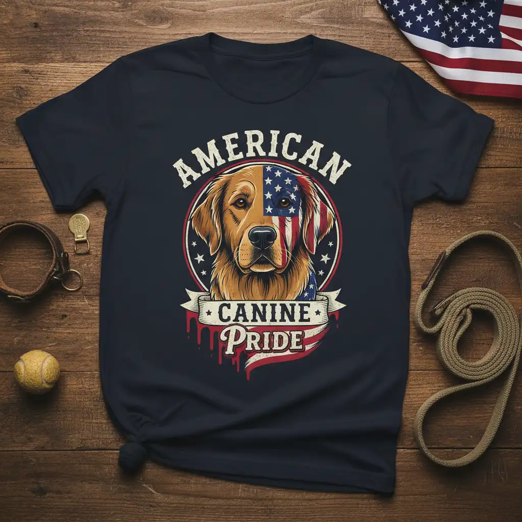 American Canine Pride Golden Retriever graphic t-shirt with patriotic flag elements