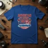 American Classic 1957 t-shirt with vintage blue car, eagle wings, and US flag graphic