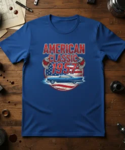 American Classic 1957 t-shirt with vintage blue car, eagle wings, and US flag graphic