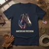 American Freedom t-shirt with a horse wearing an American flag bandana, bold text below