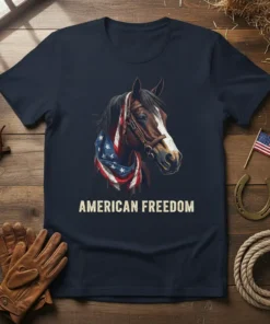 American Freedom t-shirt with a horse wearing an American flag bandana, bold text below
