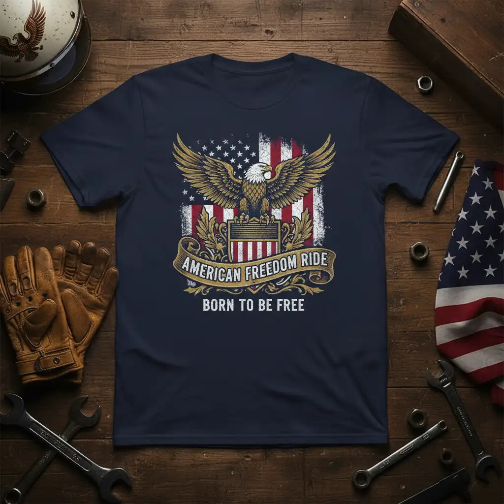 American Freedom Ride Born To Be Free eagle and USA flag design on a navy blue t-shirt