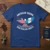 American Grown Guatemalan Roots text with eagle merging US and Guatemala flags on a blue t-shirt