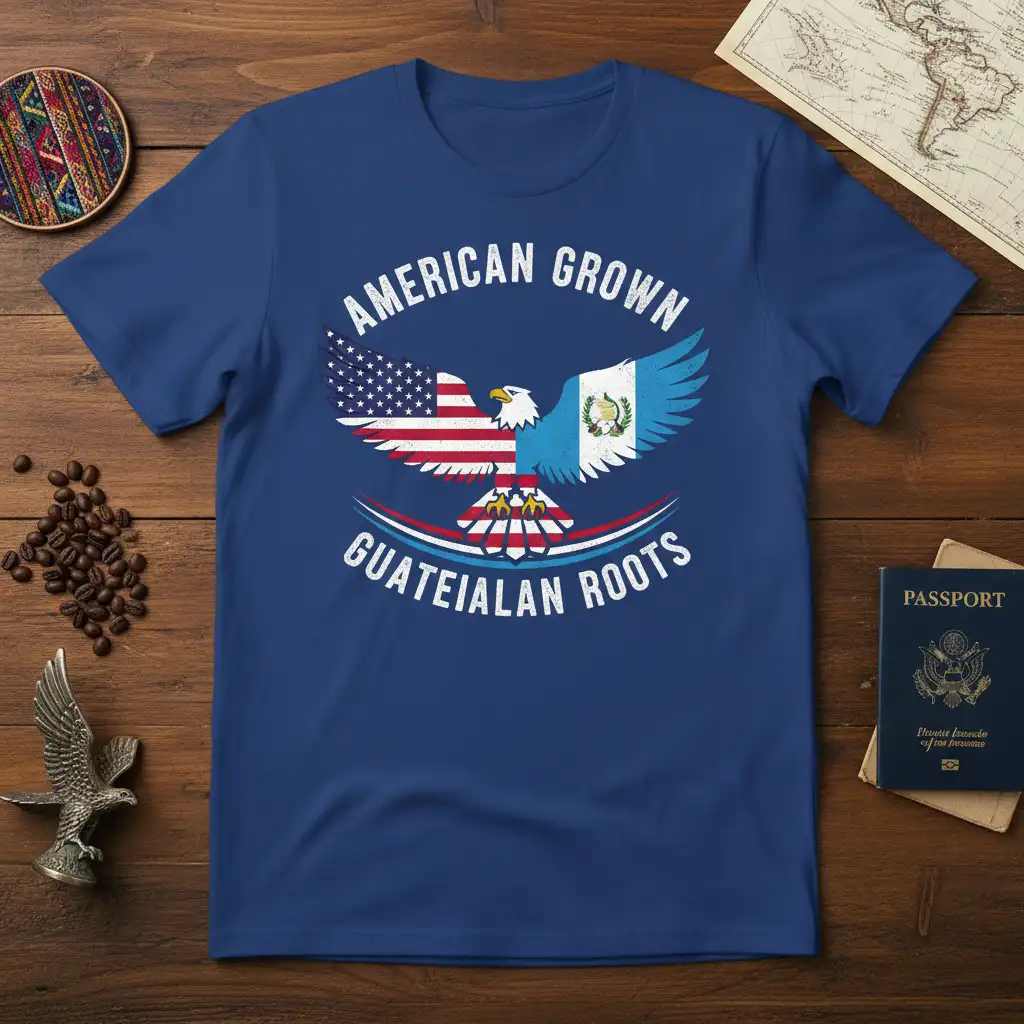 American Grown Guatemalan Roots eagle design merging US and Guatemala flags on a blue tee