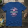 Tree of life design with American and Indonesian flag elements, text AMERICAN GROWN INDONESIAN ROOTS on blue t-shirt