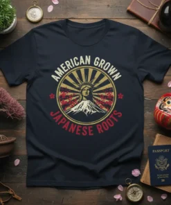 American Grown Japanese Roots t-shirt design featuring Statue of Liberty, Mount Fuji, and cherry blossoms