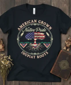 American Grown Native Pride Inupiat Roots t-shirt design with a tree showing the US flag and roots, surrounded by tribal