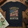 American Hunter t-shirt design featuring a deer silhouette against the American flag, with rustic accents and text