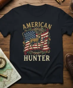 American Hunter t-shirt design featuring a deer silhouette against the American flag, with rustic accents and text