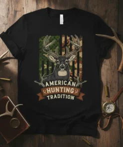 American Hunting Tradition t-shirt with a buck and camouflage US flag graphic