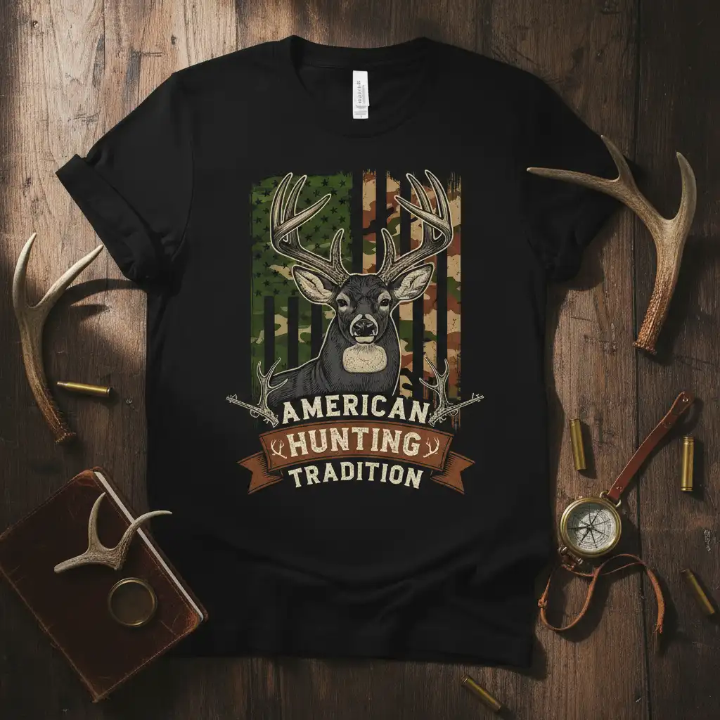 American Hunting Tradition graphic tee featuring a buck and camouflage US flag design