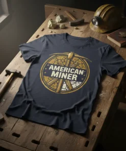 American Miner t-shirt with gold pickaxe graphic and distressed texture, celebrating mining professionals