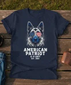 American Patriot K-9 Unit Est. 2004 t-shirt with German Shepherd wearing sunglasses and American flag design