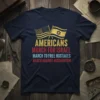 Navy t-shirt with text "AMERICANS MARCH FOR ISRAEL MARCH TO FREE HOSTAGES MARCH AGAINST ANTISEMITISM" and American and Israeli flags