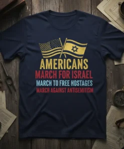Navy t-shirt with text "AMERICANS MARCH FOR ISRAEL MARCH TO FREE HOSTAGES MARCH AGAINST ANTISEMITISM" and American and Israeli flags
