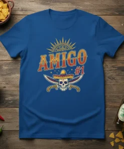 Amigo #1 T-Shirt with a skull wearing a sombrero and crossed swords, bold typography, and festive sun graphic